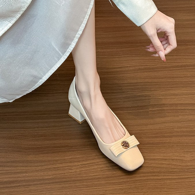 Women's Cowhide Sweet Bow Square Toe Chunky High Women's Fashion Shoes