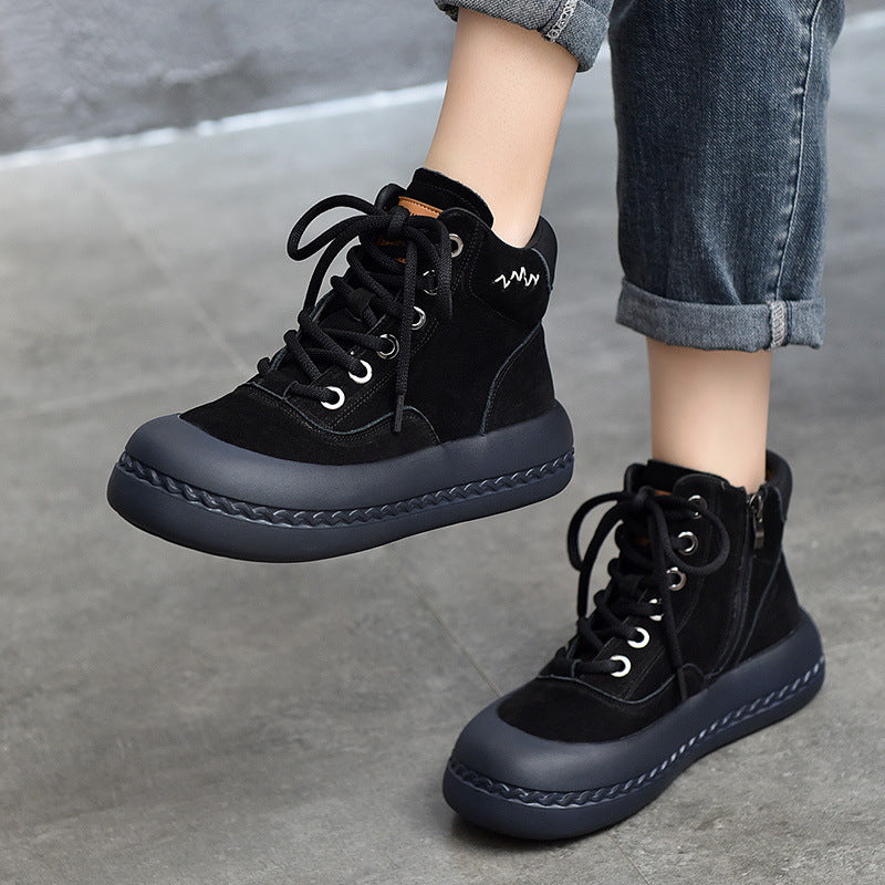 Women's First Layer Cowhide Platform Retro Lace Boots