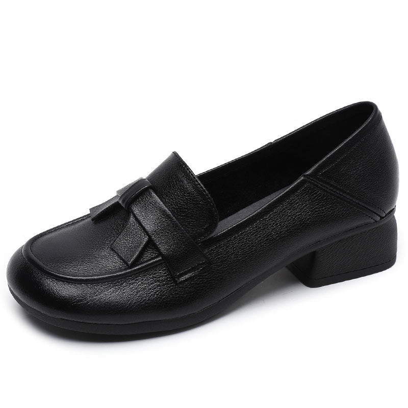 Women's Top Layer Cowhide Retro Style Large Size Thick Round Loafers