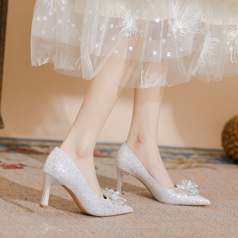 Women's Sier Shiny Wedding Dignified Rhinestone Flower Women's Shoes