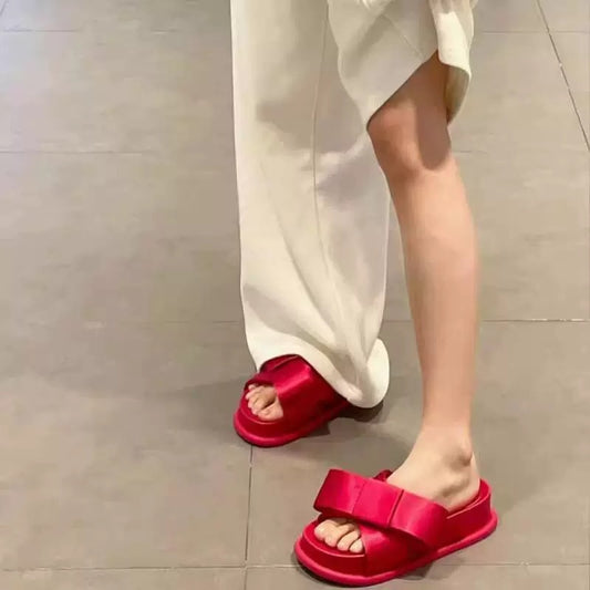 Women's French Style Big Bow Platform Outer Wear Slippers