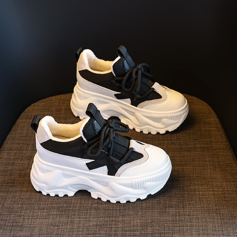 Women's White Height Increasing Insole Fleece-lined Korean Sneakers