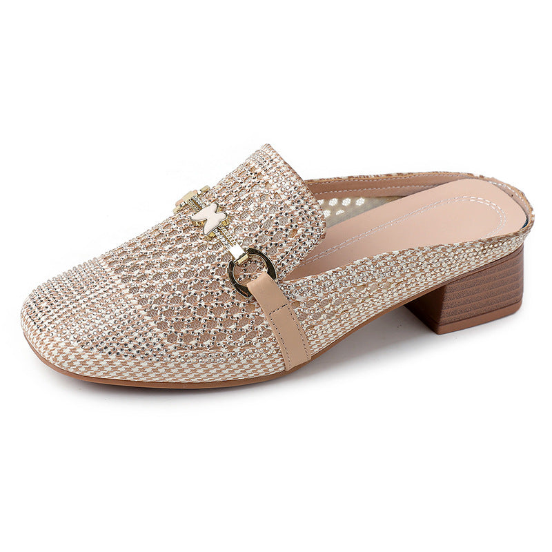 Outdoor Flat Fashion Korean Style Rhinestone Hollowed Toe Box Sandals