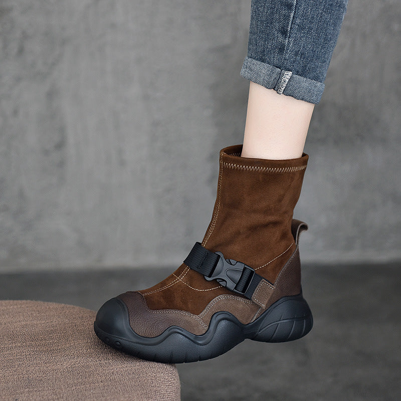 Riding First Layer Cowhide Retro Style Thick Bottom Boots