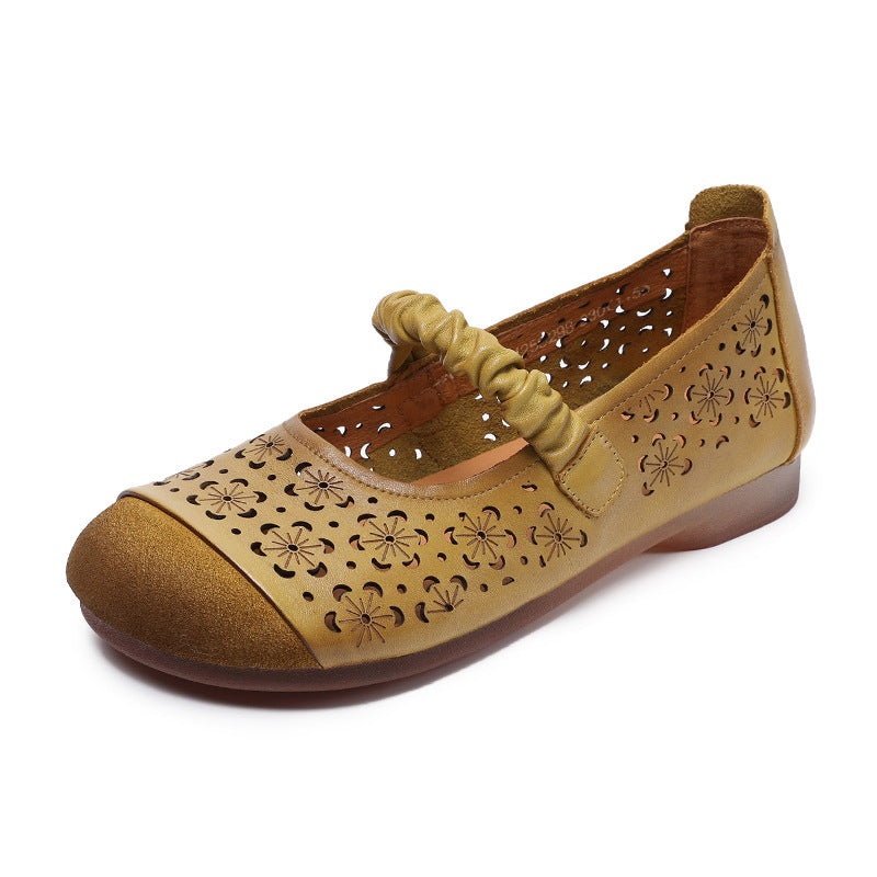 Women's First Layer Cowhide Retro Hole Hollow Breathable Soft Bottom Casual Shoes