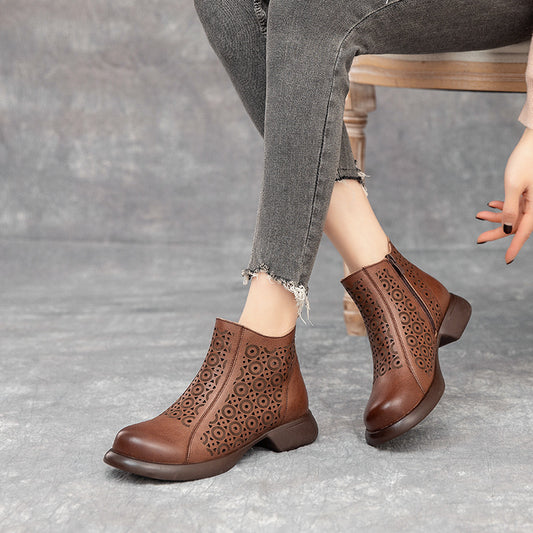 Women's Cowhide Soft Bottom Chunky Hollow Retro Heels