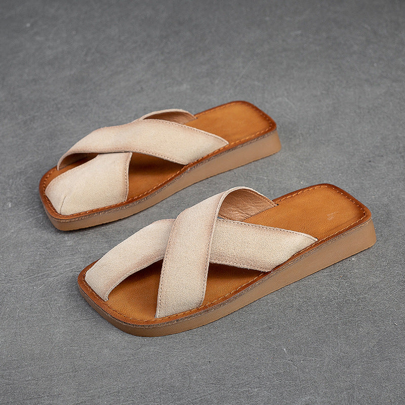 Women's Breathable First Layer Cowhide Simple Round Sandals