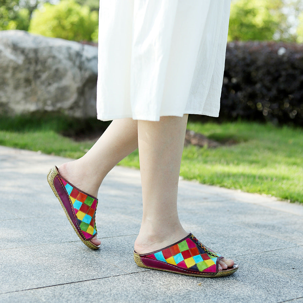Genuine Hand-rub Color Retro Check Comfortable Sandals
