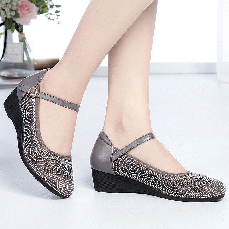 Women's Flat Middle Wedge Genuine Pumps Hollow Sandals