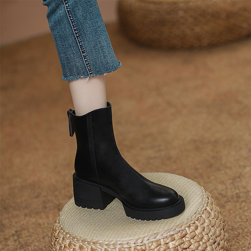 Women's Small Thick-soled Height Increasing Chunky Ankle Retro British Boots