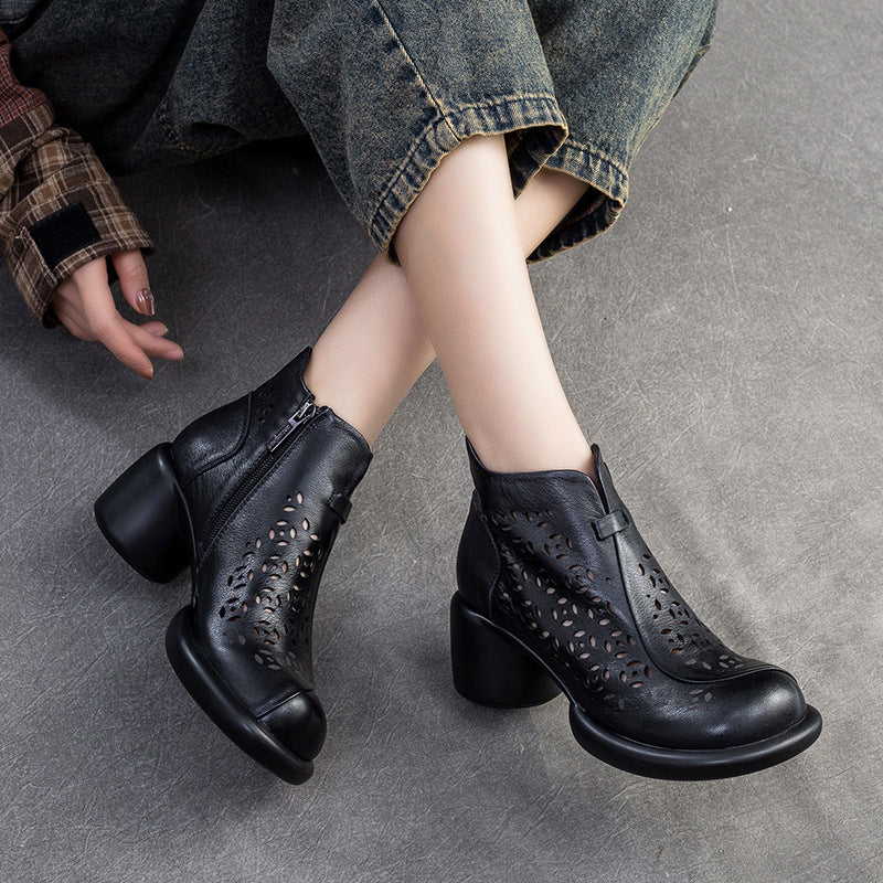 Round Head First Layer Cowhide Retro Heels