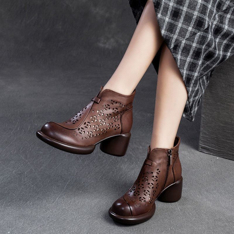 Round Head First Layer Cowhide Retro Heels
