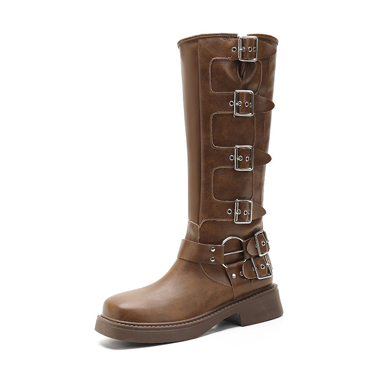 Women's High Metal Belt Buckle Square Head Boots