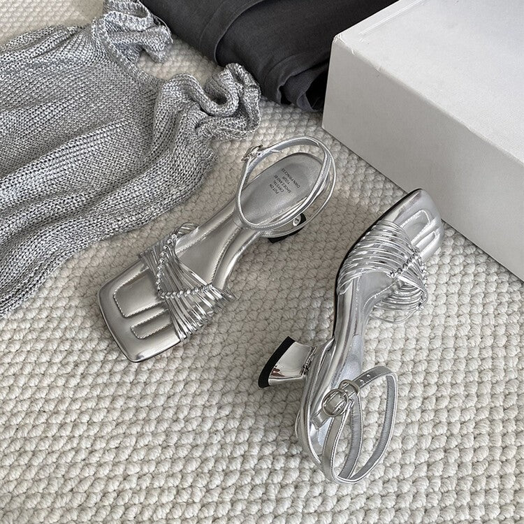Women's Summer Step On Hand-woven Cowhide With Chunky Square Heels