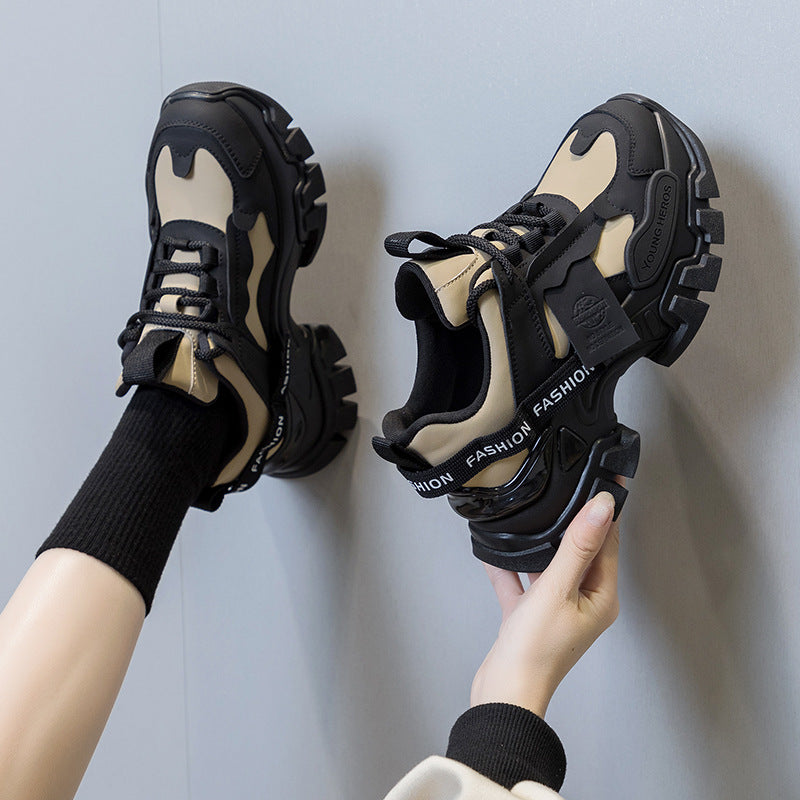 Women's Autumn Fashionable Thick-soled Black Genuine Height Sneakers