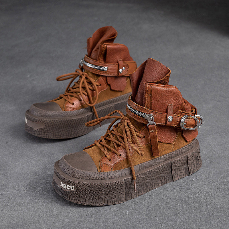 Women's Shu Low-cut Ankle Top Layer Cowhide Round Toe Boots