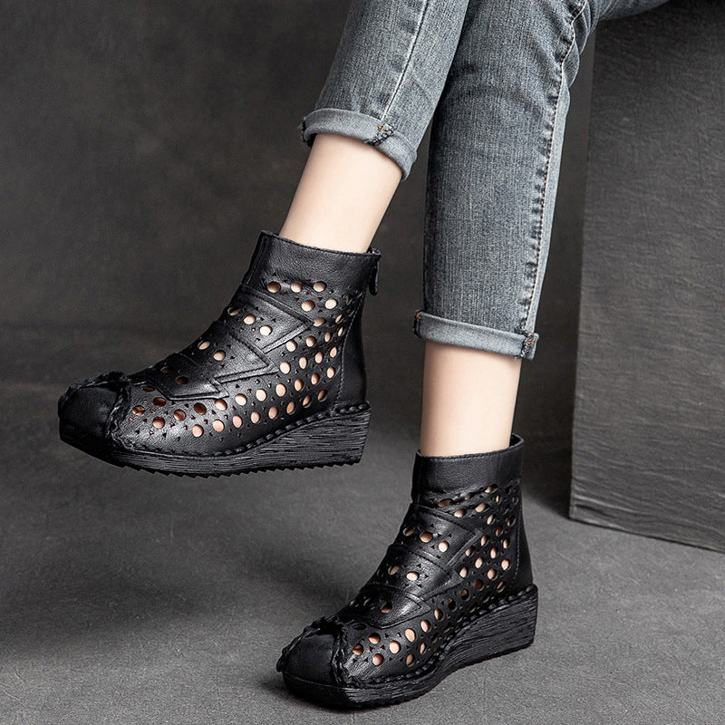 Women's Wedge Round Head Polished Retro Hollowed Sandals