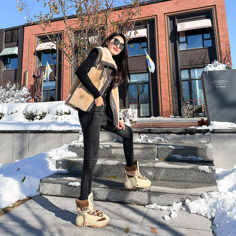Women's Sheepskin Fur Integrated Fleece-lined Thick Cowhide Platform Snow Boots