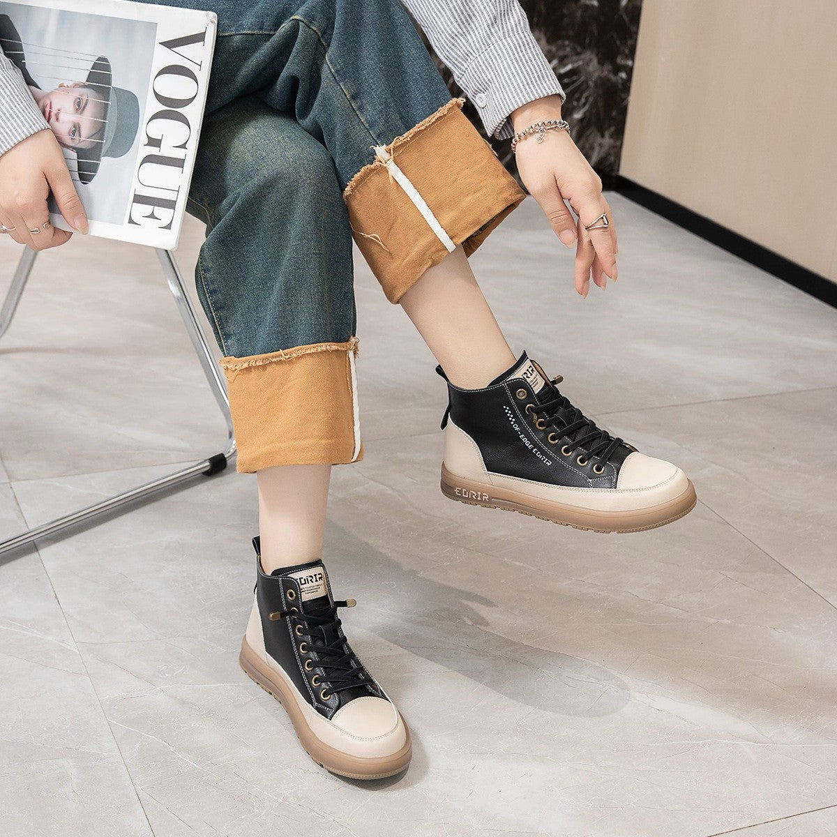Women's Top Layer Cowhide Lazy Elastic Band Leather Shoes