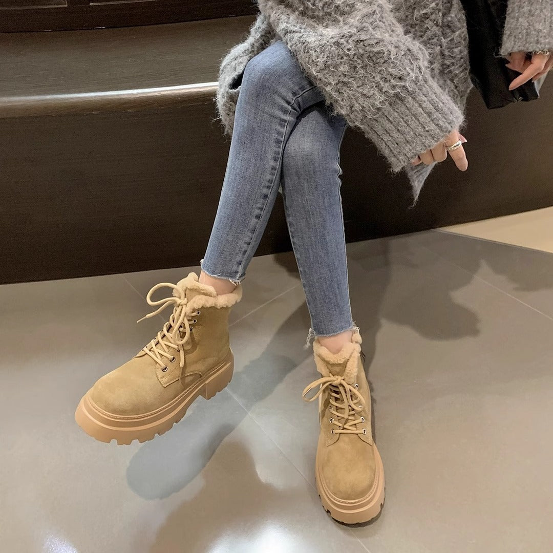 Women's Cowhide Korean Style Fleece-lined Thick Motorcycle Thick-soled Boots