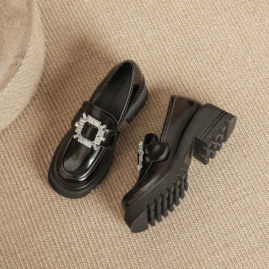 Women's & Men's Rhinestone Buckle Platform Height Increasing Round Loafers