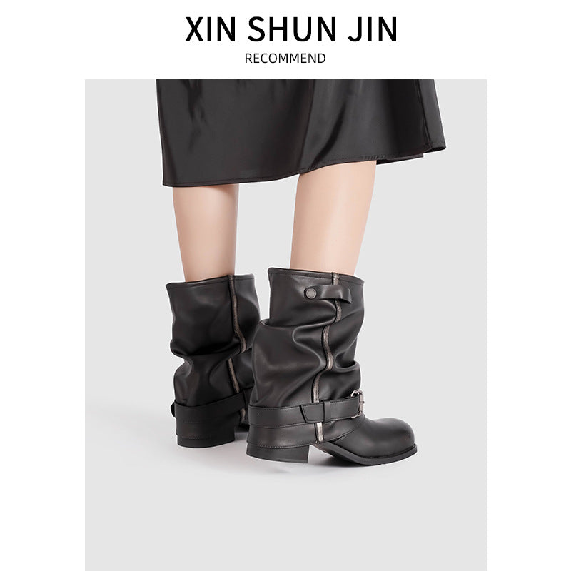 Women's Cowboy Pleated Pile Middle Retro Rub Boots
