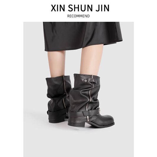 Women's Cowboy Pleated Pile Middle Retro Rub Boots