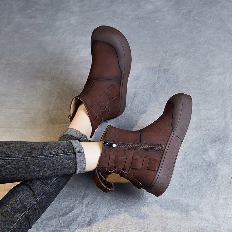 Women's Cowhide Woven Short Soft Bottom Vintage Boots