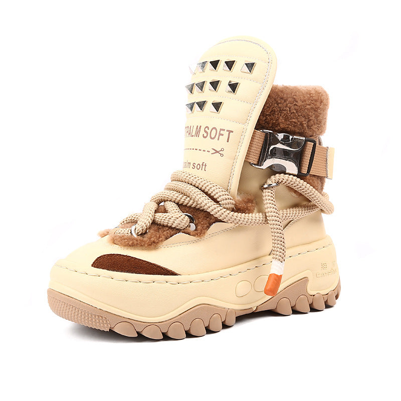 Women's Sheepskin Fur Integrated Fleece-lined Thick Cowhide Platform Snow Boots