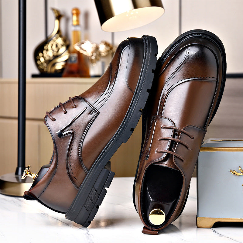 Men's Thick Bottom Big Head Brown Fashion Men's Business Leather Shoes