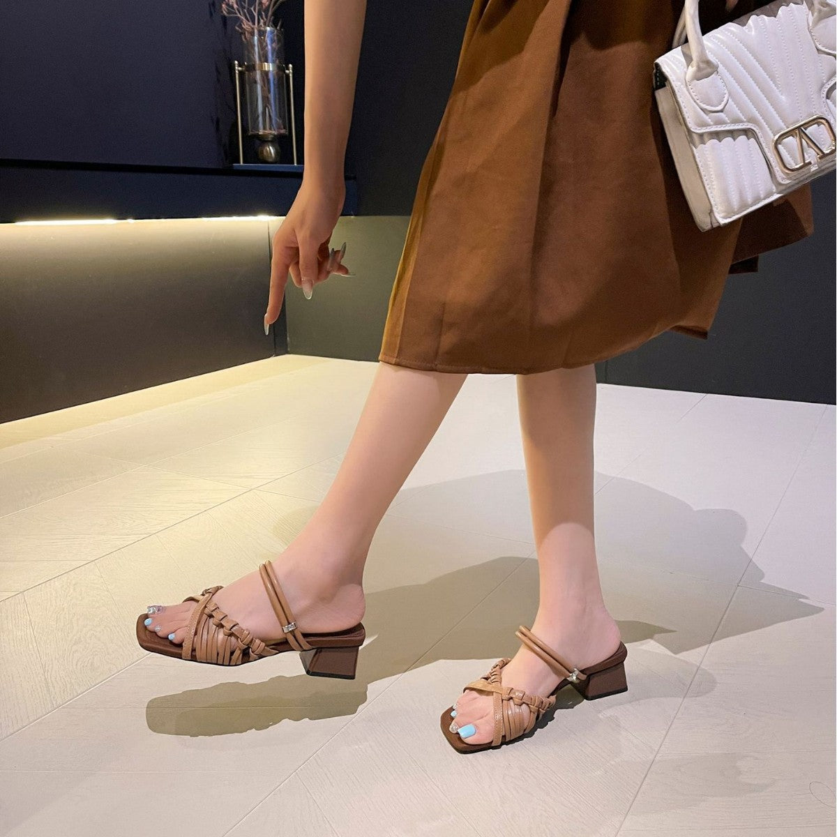 Temperament Woven Strap Open Toe Chunky Heels