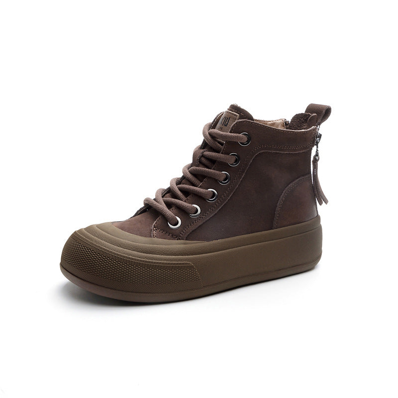 Women's Cowhide Platform Retro Ankle Autumn Genuine Large Round Boots