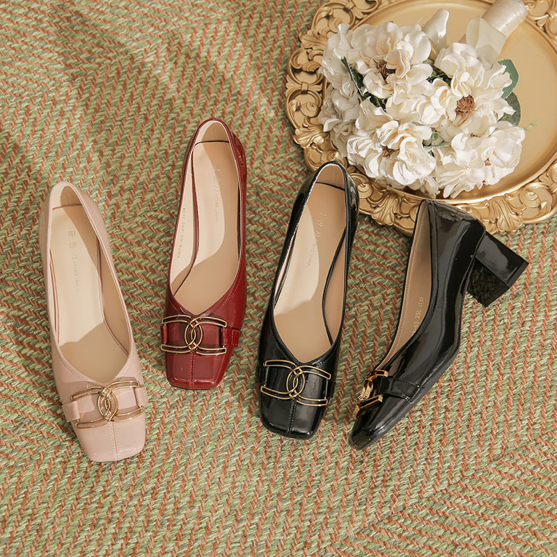 Women's Pink Patent Chunky High Cute Metal Buckle Shallow Mouth Elegant Women's Shoes