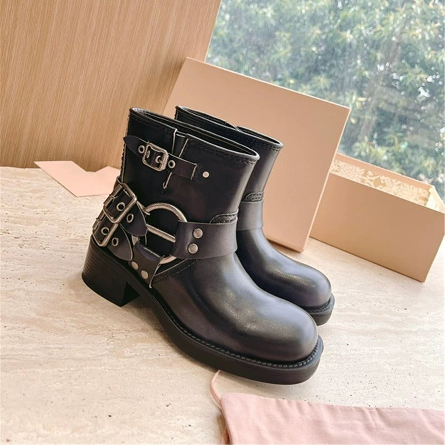 Women's Denim Metal Belt Buckle Booties Mid Boots