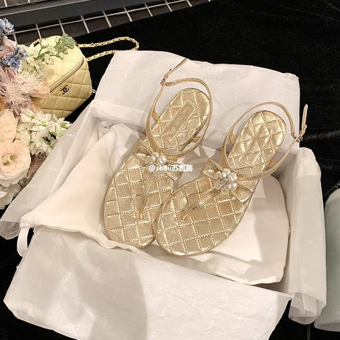 Women's Sheepskin Classic Style Pearl Flip-flops Flat Summer Sandals
