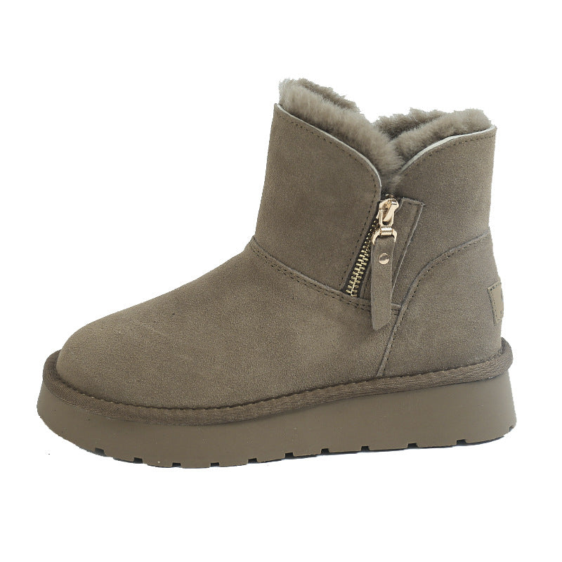 Women's Fur Genuine Wool Side Zipper Fleece Snow Boots