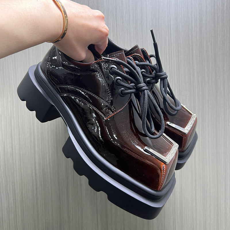 Men's Spring Muffin Bottom Platform Square Head Derby British Style Retro Men's Casual Leather Shoes