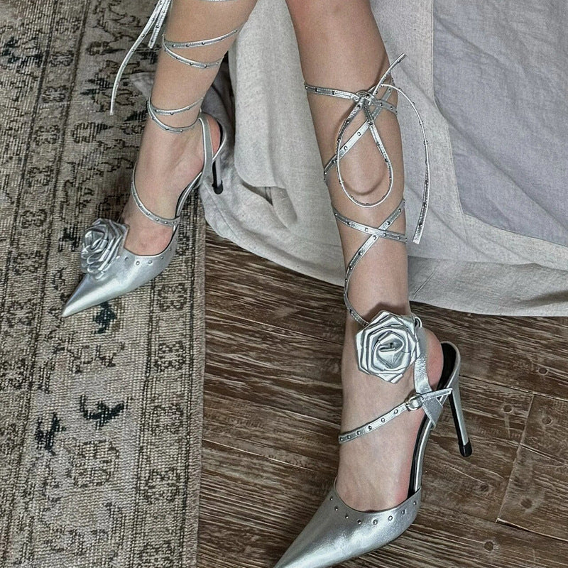 Women's Rivet Pointed Toe Super High Cross Rose Women's Shoes