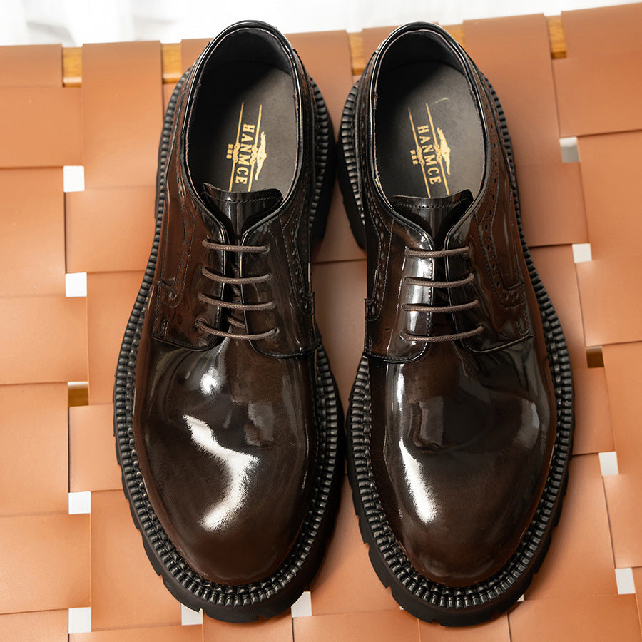 Men's Korean Big Head Round British Platform Patent Suit Leather Shoes