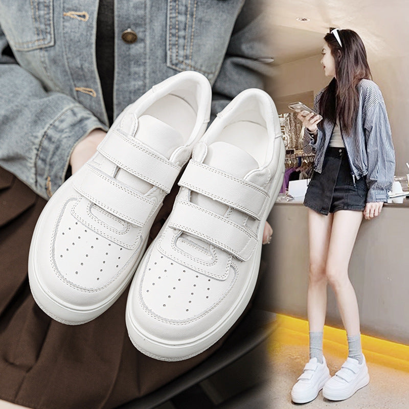 Women's Layer Cowhide Platform Smiley Face Velcro White Casual Shoes