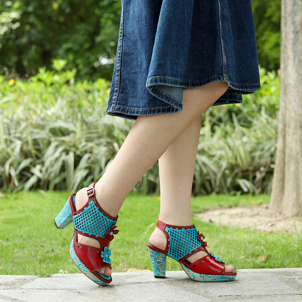 Genuine Hand-rub Color Retro Hollow Design Heels