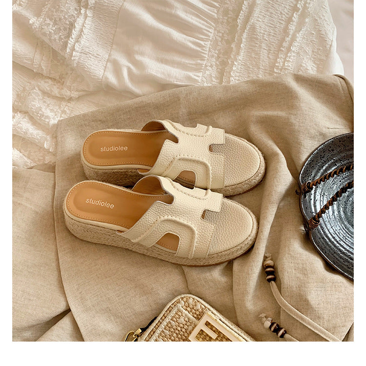 Women's Cowhide Version Rausch Straw Platform High Slippers
