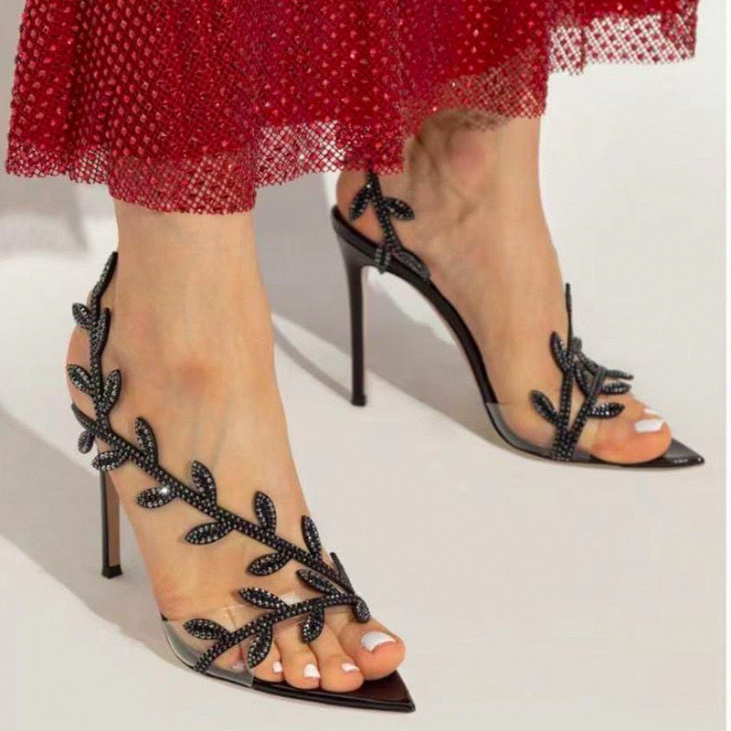 Toe Rhinestone Leaves Stiletto Autumn Graceful Heels