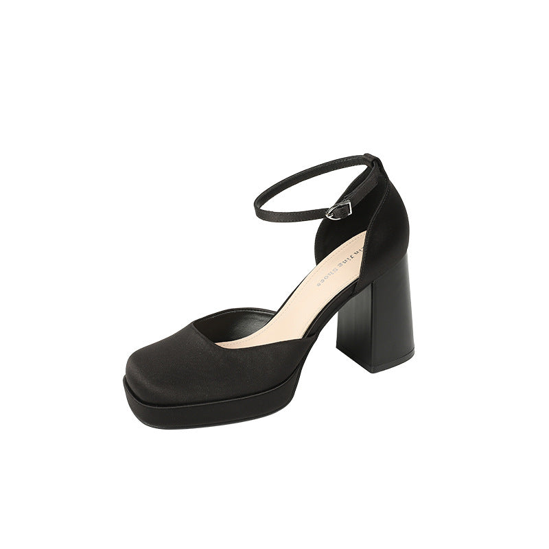 Women's Goddess Waterproof Platform Square Toe Hollow High Word Strap Heels