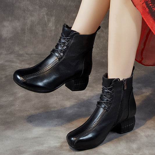 Women's Thick Fleece-lined Short Top Layer Cowhide Round Heels