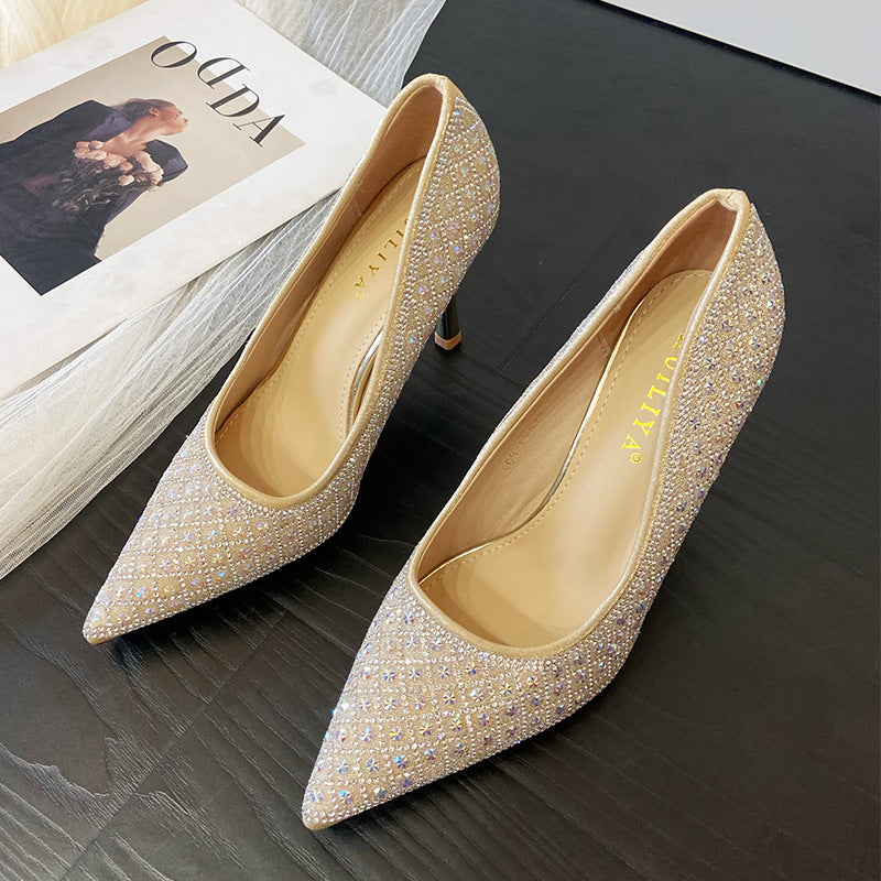 Spring Pointed Crystal Pearl Full Diamond Low-cut Heels