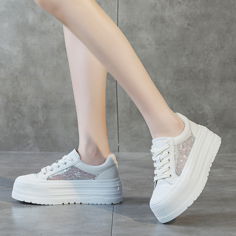 Women's Summer Platform Fashion Lace Mesh Versatile Elegant White Casual Shoes