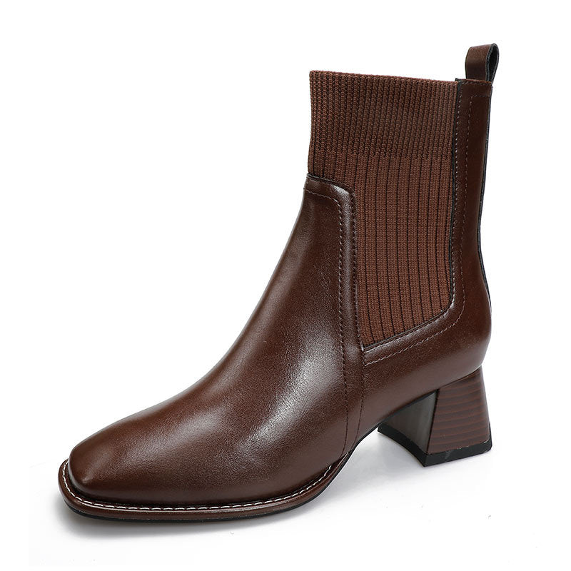Women's Square Toe Booties High Socks Knitted Boots