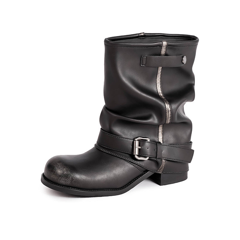 Women's Cowboy Pleated Pile Middle Retro Rub Boots