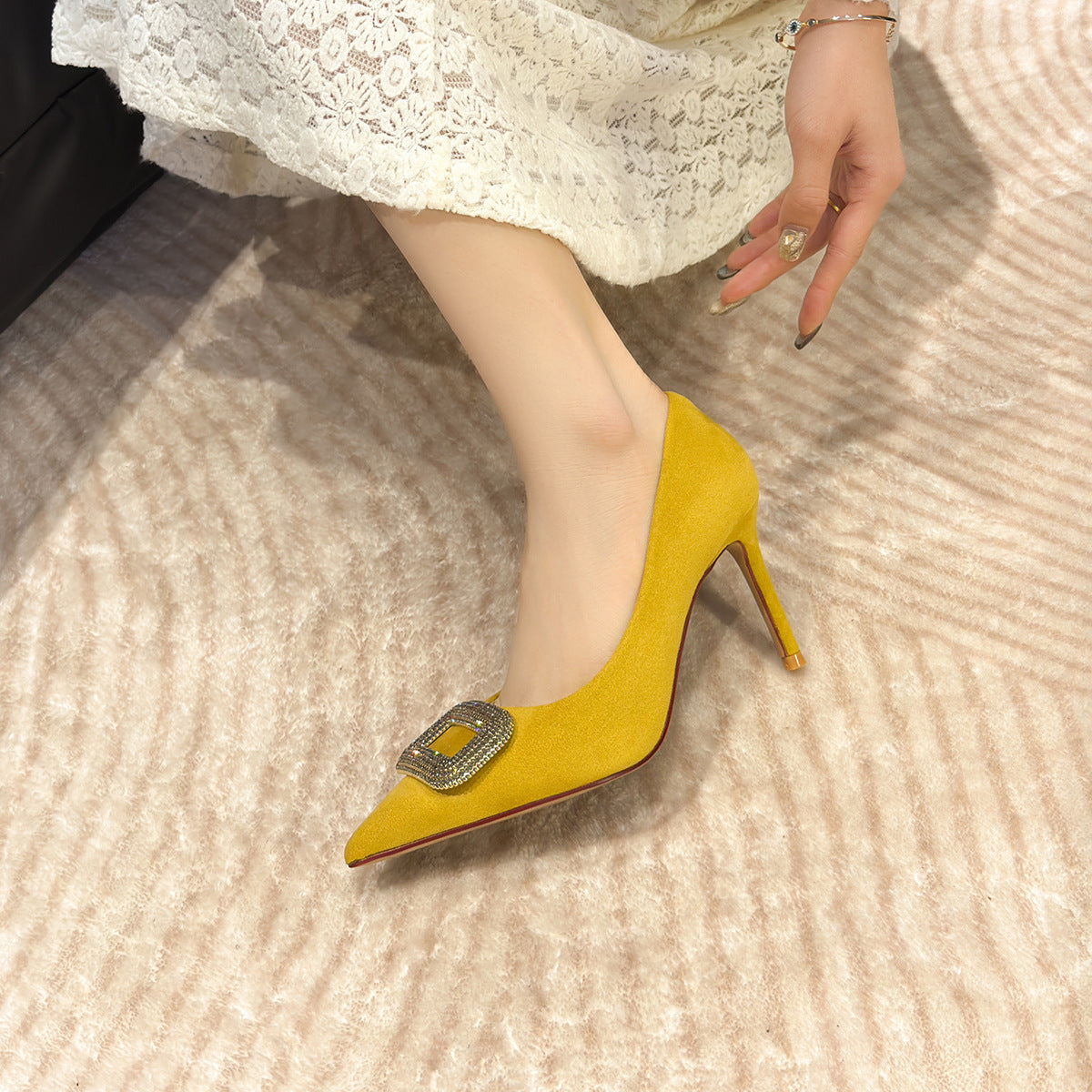 Women's Pointed Toe Stiletto Rhinestone Square Buckle Spring Shallow Mouth Women's Fashion Shoes